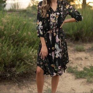 Figueroa & Flower Anthropologie Black Botanical Floral Dress S